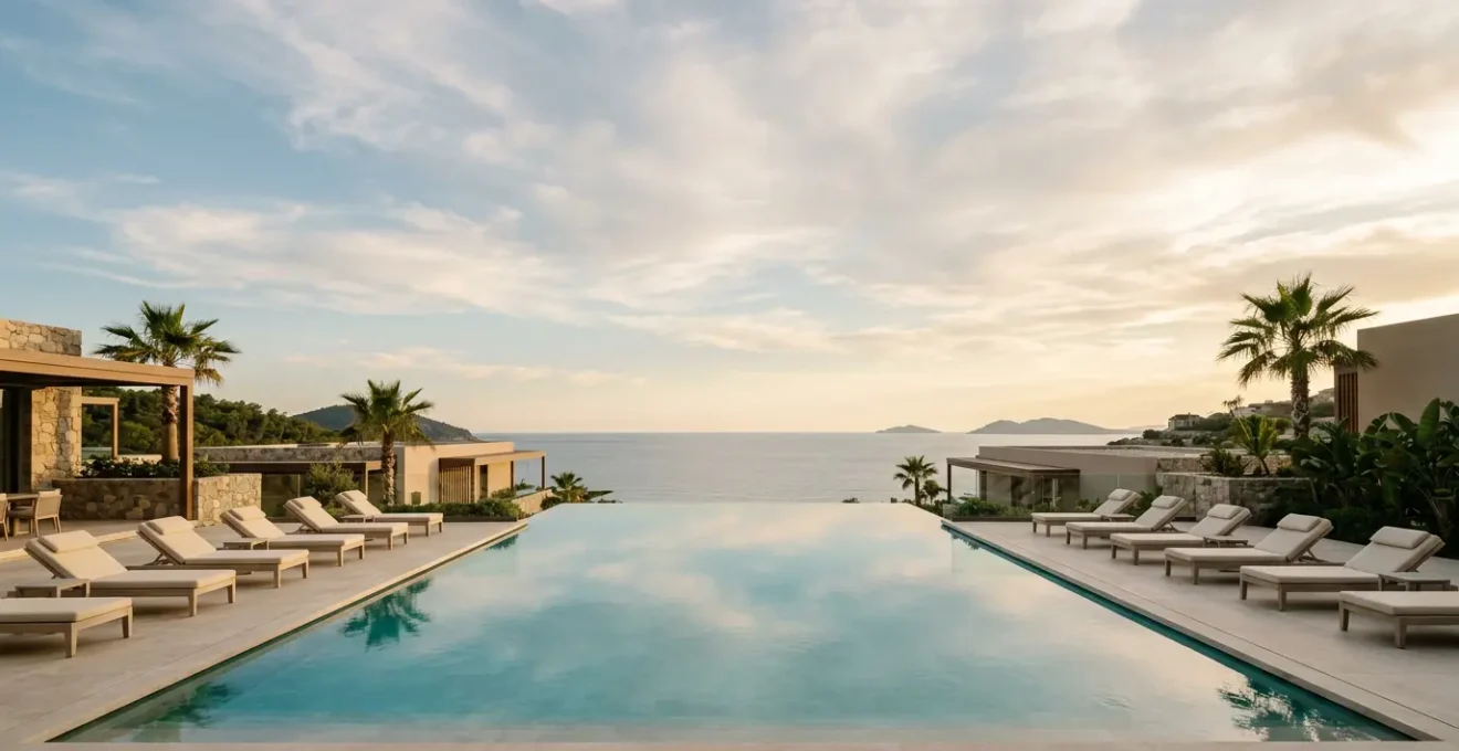 Sophisticated infinity pool at an adult-only resort with pristine turquoise water, minimalist lounge chairs, and serene ambiance free from children