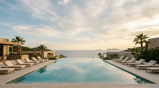 Sophisticated infinity pool at an adult-only resort with pristine turquoise water, minimalist lounge chairs, and serene ambiance free from children