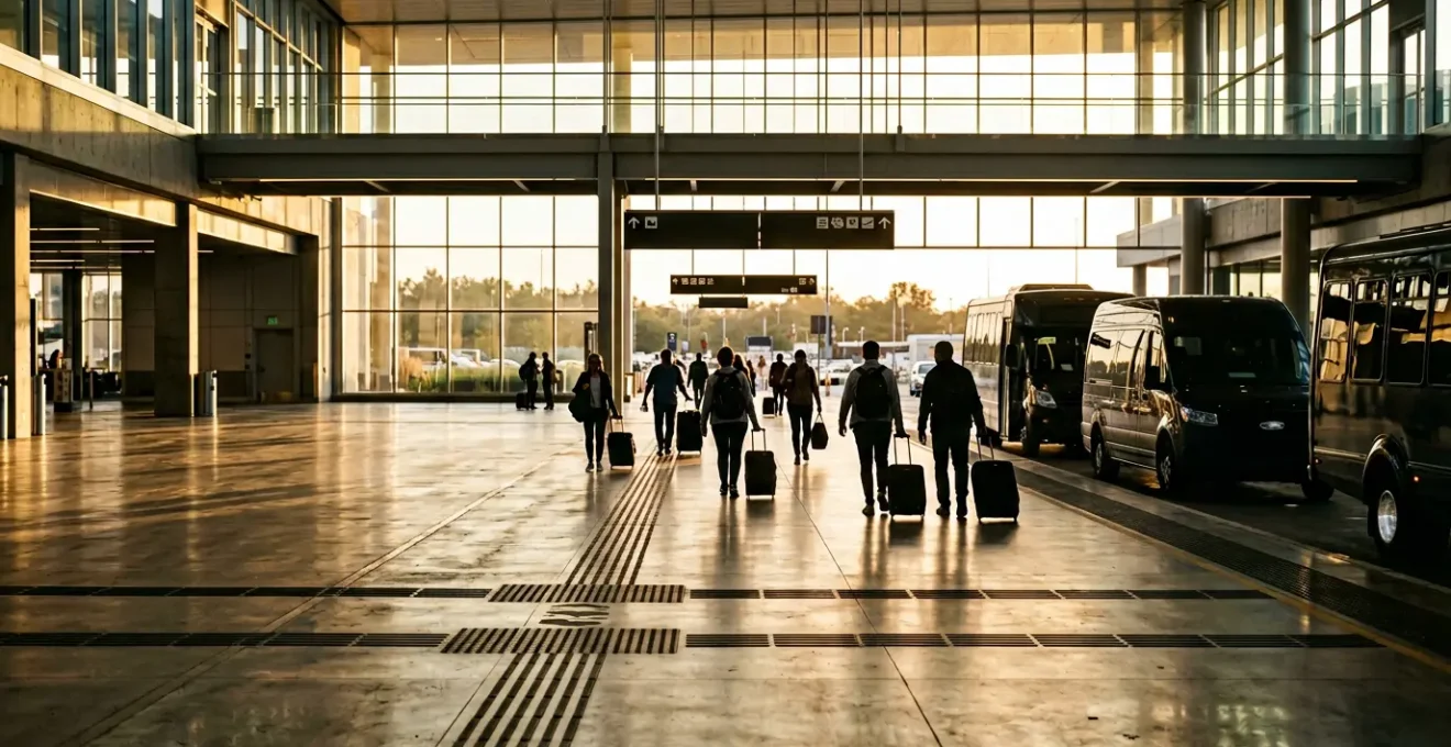 Wide-angle view of travelers with luggage walking toward ground transportation area at modern airport terminal