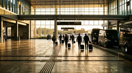 Wide-angle view of travelers with luggage walking toward ground transportation area at modern airport terminal
