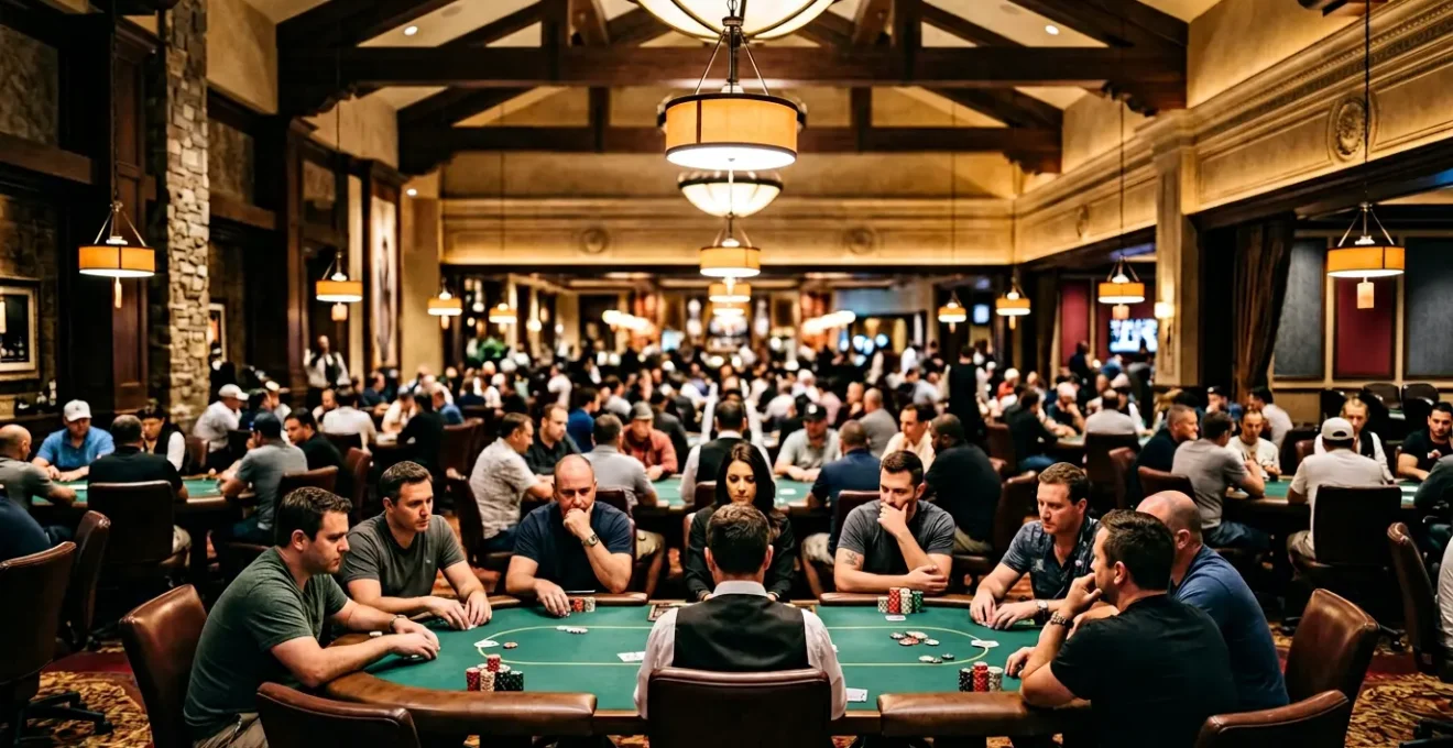 High-end poker room interior with professional players at green felt tables under focused overhead lighting