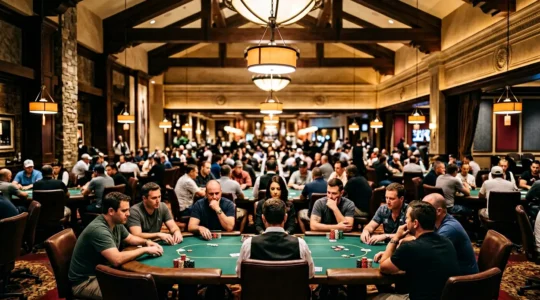 High-end poker room interior with professional players at green felt tables under focused overhead lighting