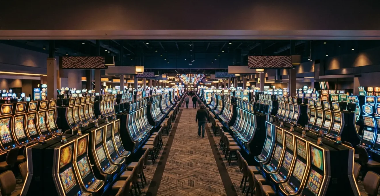 Vast casino floor with endless rows of glowing slot machines creating perspective toward vanishing point