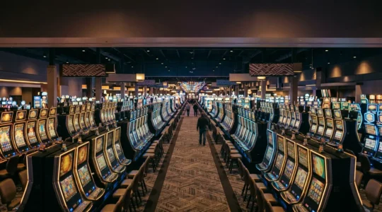 Vast casino floor with endless rows of glowing slot machines creating perspective toward vanishing point