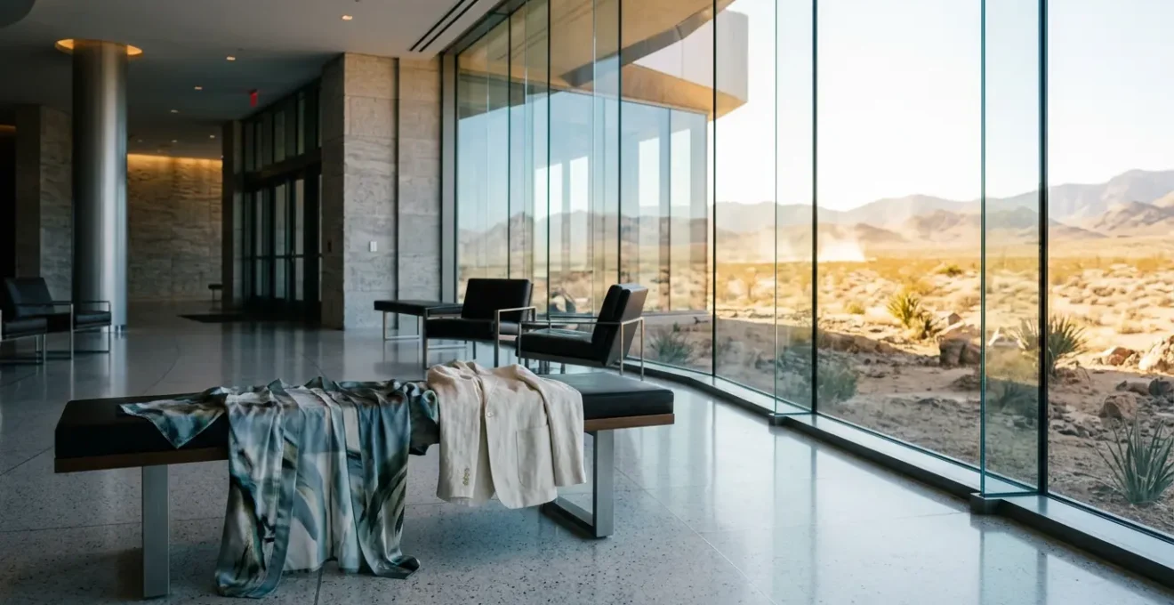 Professional editorial photograph showing elegant resort attire with strategic layering for extreme temperature transitions