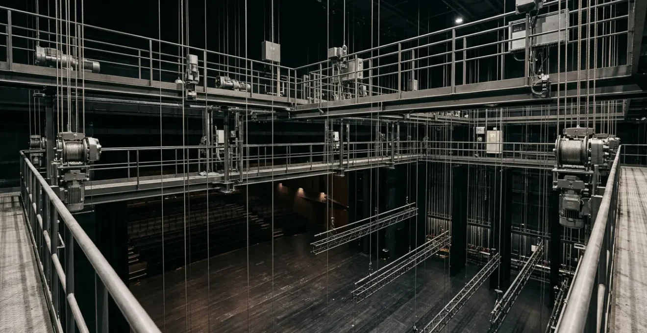High-tech stage automation system with precision winches and lighting rigging in a modern theater