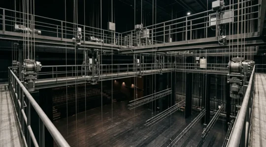 High-tech stage automation system with precision winches and lighting rigging in a modern theater