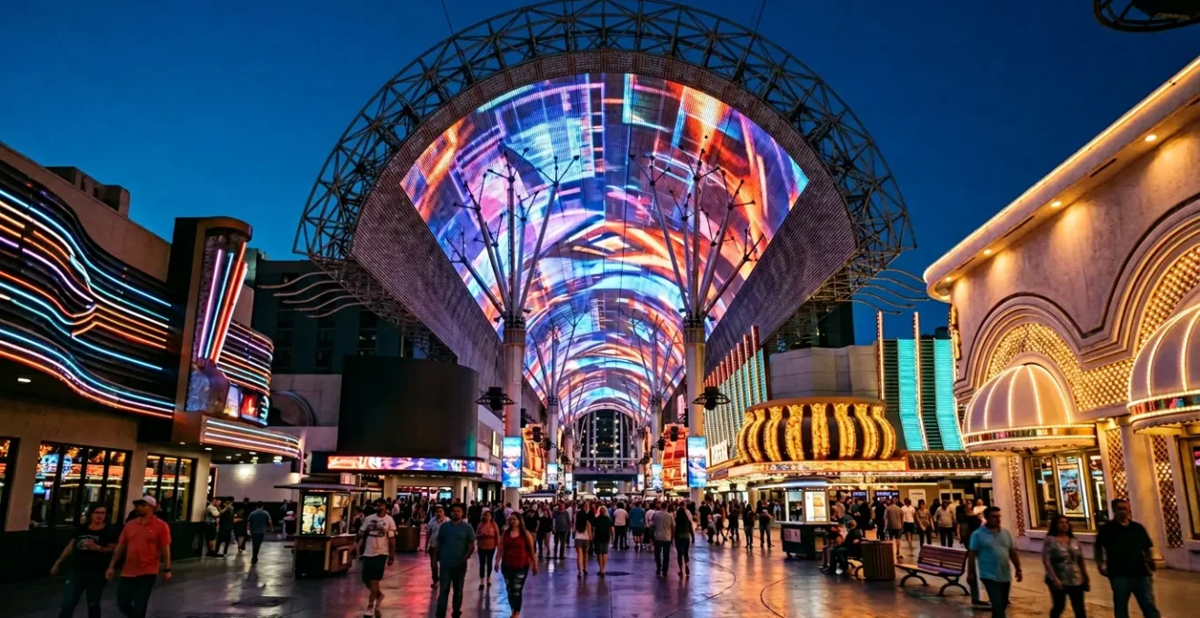 Vibrant neon-lit pedestrian canopy at Fremont Street Experience in downtown Las Vegas with crowds below during evening hours