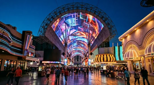 Vibrant neon-lit pedestrian canopy at Fremont Street Experience in downtown Las Vegas with crowds below during evening hours
