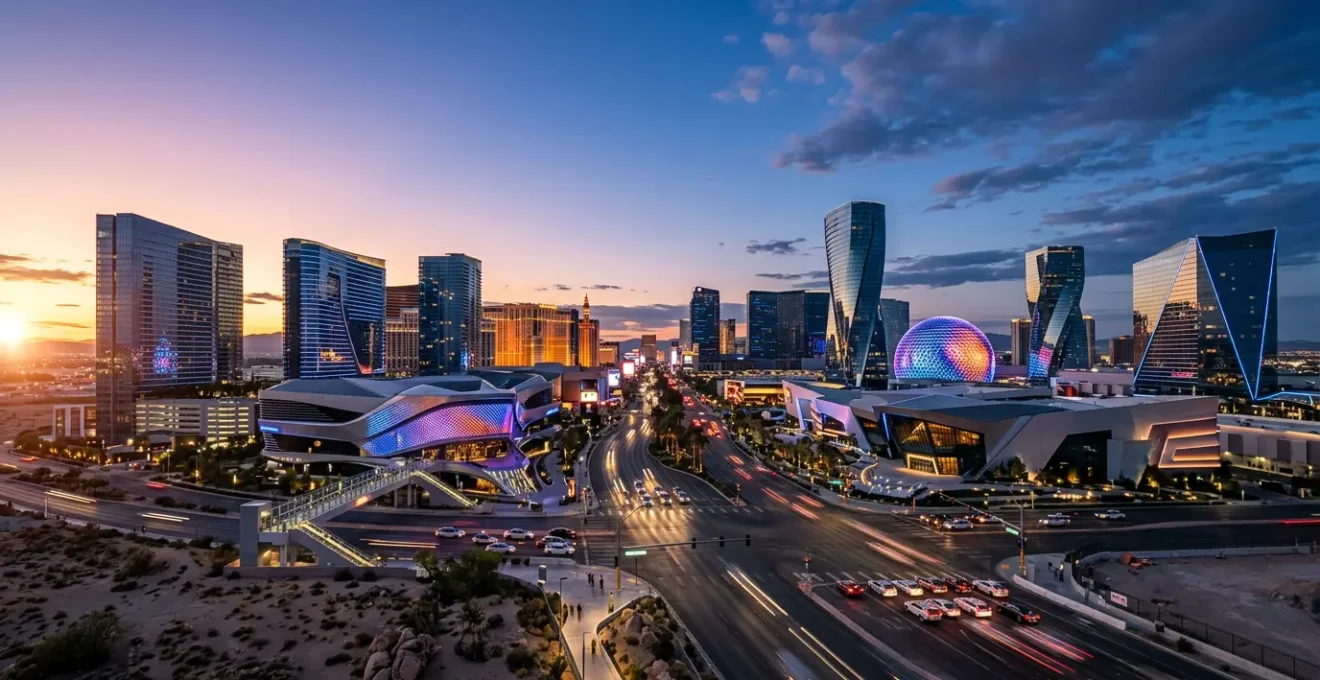 Futuristic technological experience in Las Vegas with neon lights and modern architecture