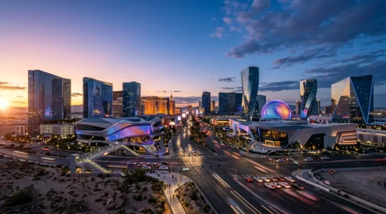Futuristic technological experience in Las Vegas with neon lights and modern architecture