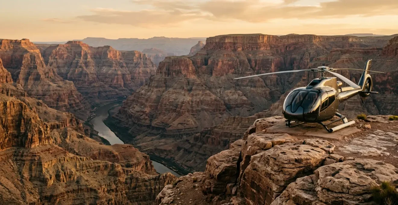 Helicopter soaring over the dramatic West Rim of the Grand Canyon with sunlit canyon walls and the Colorado River visible below