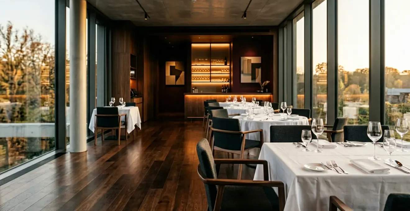 Elegant upscale restaurant interior with dramatic ambient lighting and contemporary design