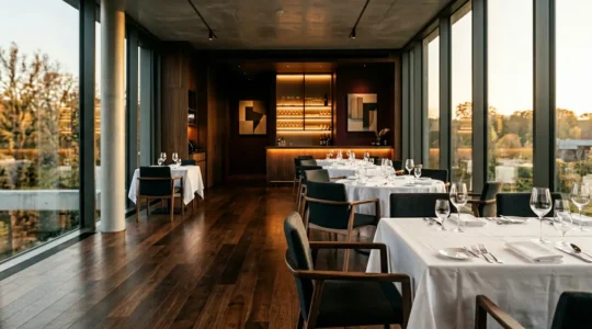 Elegant upscale restaurant interior with dramatic ambient lighting and contemporary design