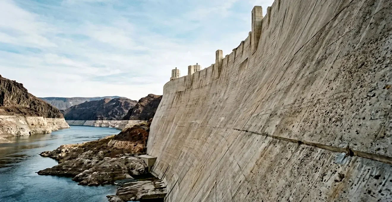 Dramatic upward view of Hoover Dam's curved concrete face towering over the Colorado River in Black Canyon