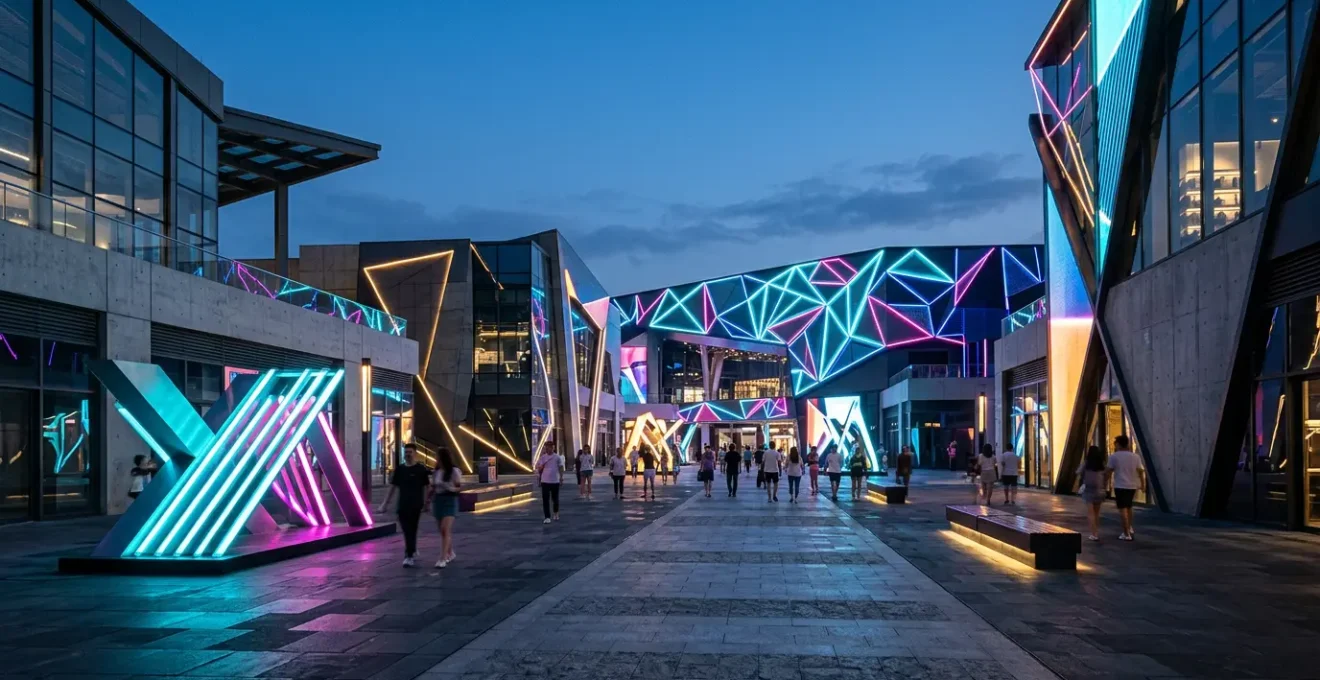 Futuristic entertainment venue with LED screens and interactive installations in neon lighting