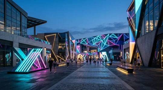 Futuristic entertainment venue with LED screens and interactive installations in neon lighting
