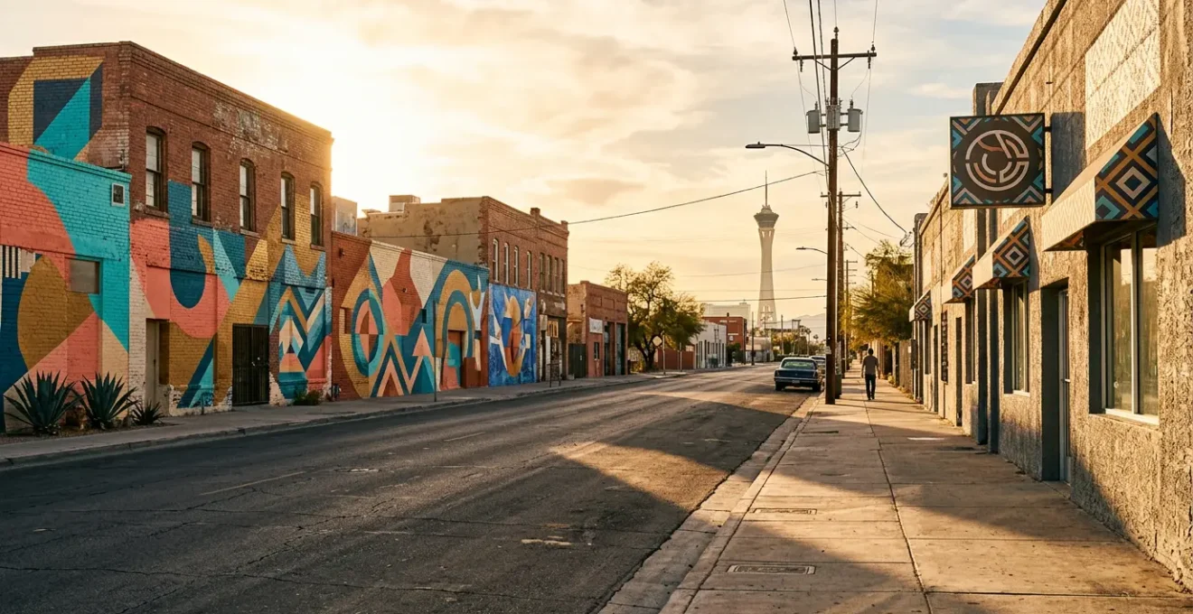 Vibrant street scene in Las Vegas Arts District showing colorful murals and local atmosphere