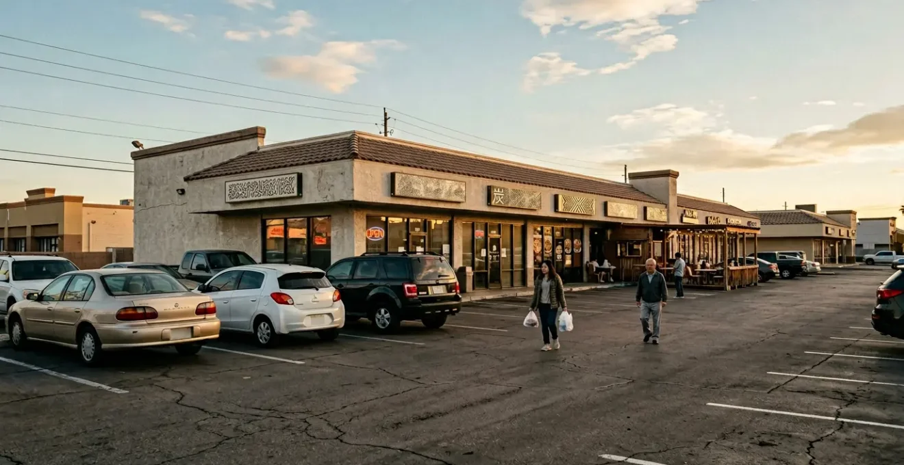 Wide-angle view of a bustling Las Vegas Chinatown strip mall parking lot at golden hour with shoppers walking between Asian restaurants