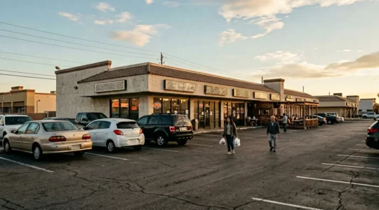 Wide-angle view of a bustling Las Vegas Chinatown strip mall parking lot at golden hour with shoppers walking between Asian restaurants
