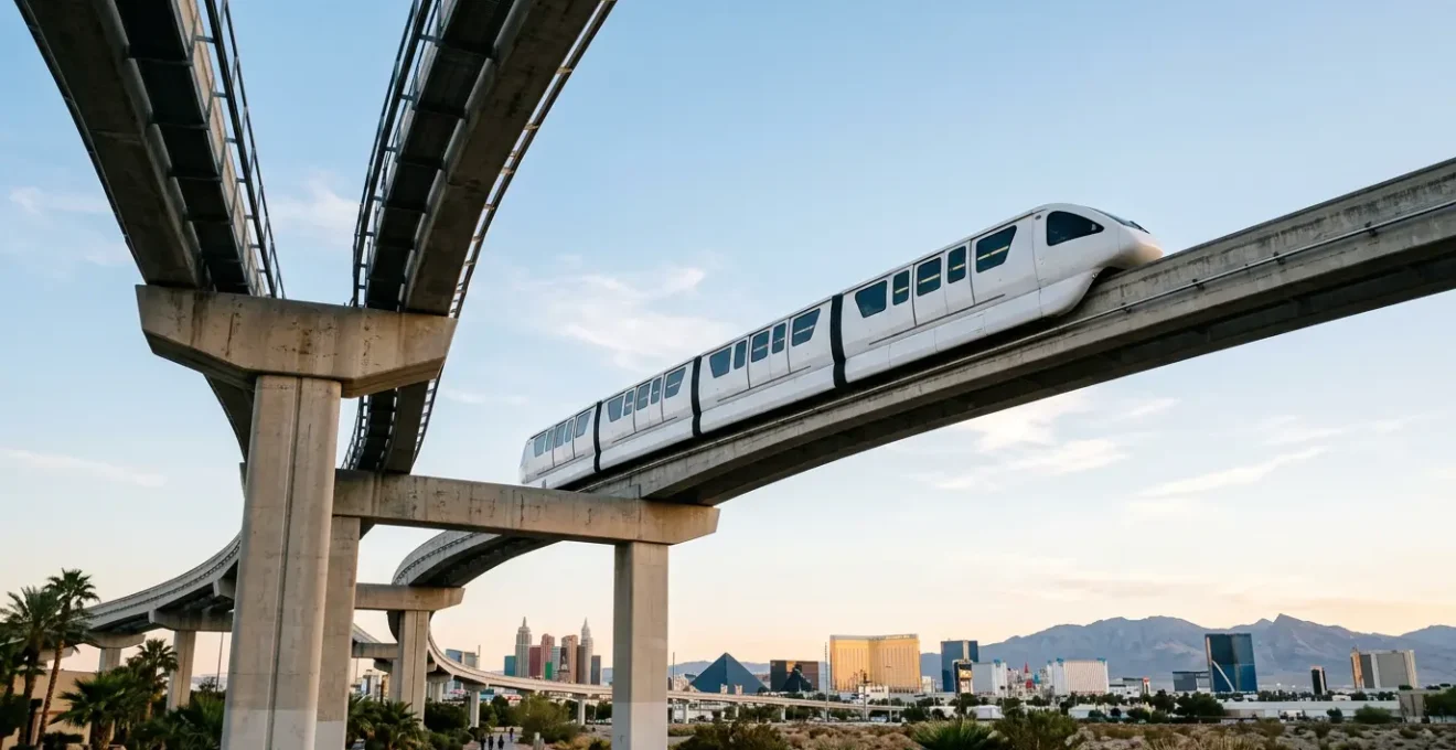 Elevated Las Vegas Monorail train traveling above the Strip with casino skyline and desert mountains in background