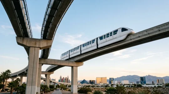 Elevated Las Vegas Monorail train traveling above the Strip with casino skyline and desert mountains in background