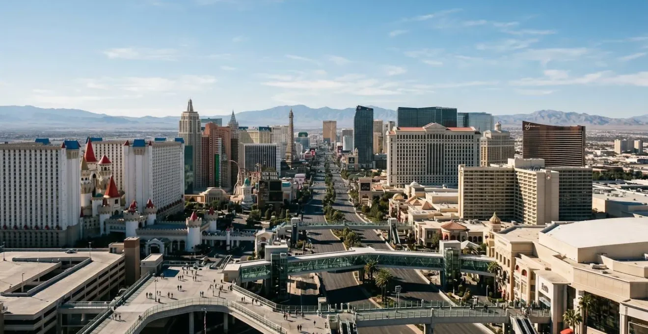 Aerial view of the Las Vegas Strip featuring elevated pedestrian walkways connecting major casino resorts under bright Nevada sunlight