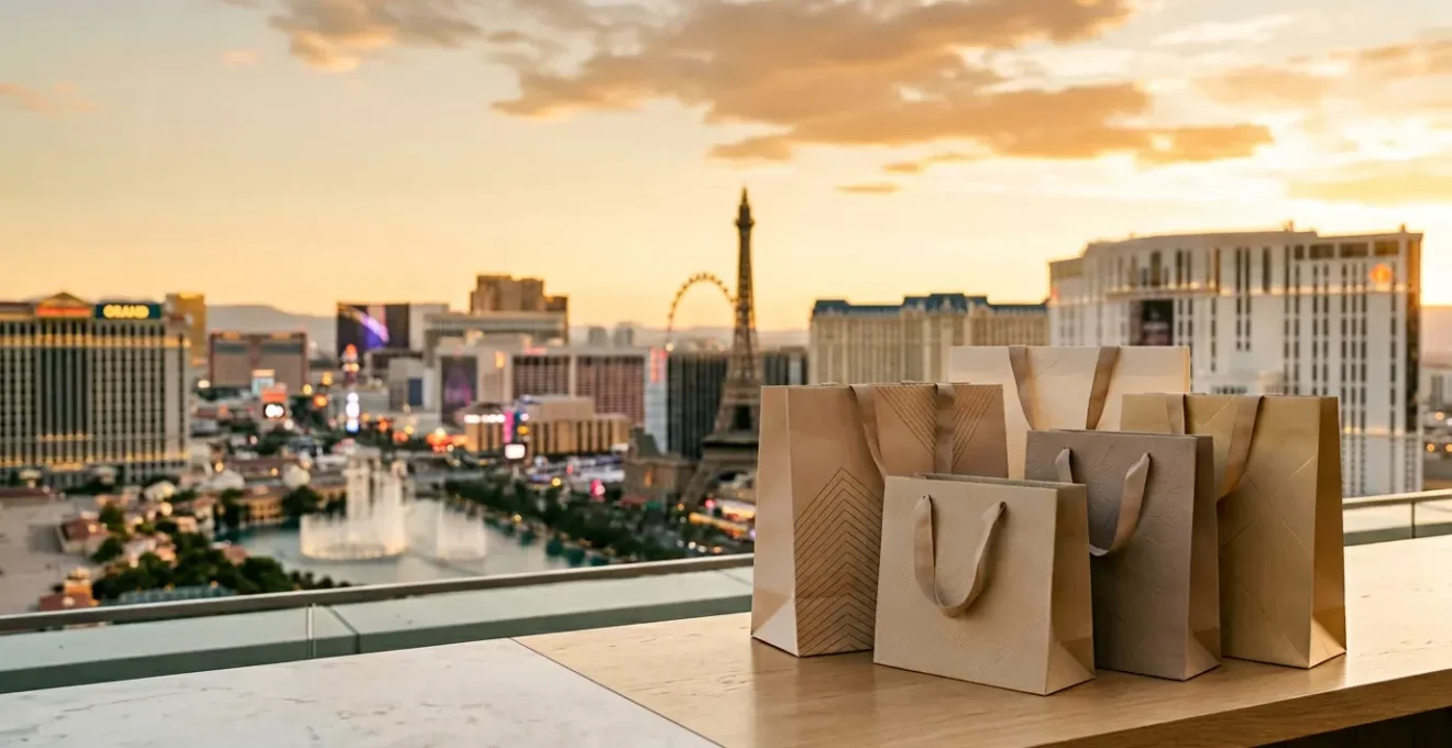 Shopping bags with high-end purchases against Las Vegas Strip neon backdrop at golden hour