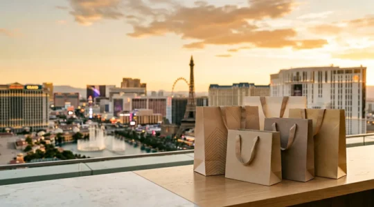 Shopping bags with high-end purchases against Las Vegas Strip neon backdrop at golden hour