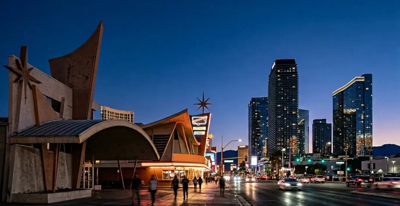 Las Vegas Strip architectural contrast between vintage neon signage and modern glass towers at twilight