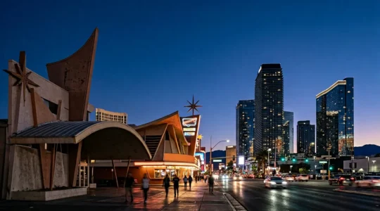 Las Vegas Strip architectural contrast between vintage neon signage and modern glass towers at twilight