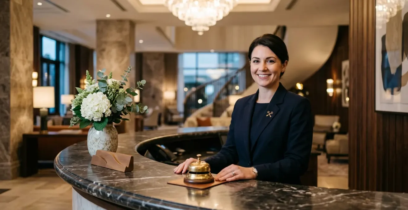 Professional hotel concierge desk with golden crossed keys emblem, representing expert travel assistance and problem-solving services