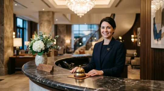Professional hotel concierge desk with golden crossed keys emblem, representing expert travel assistance and problem-solving services
