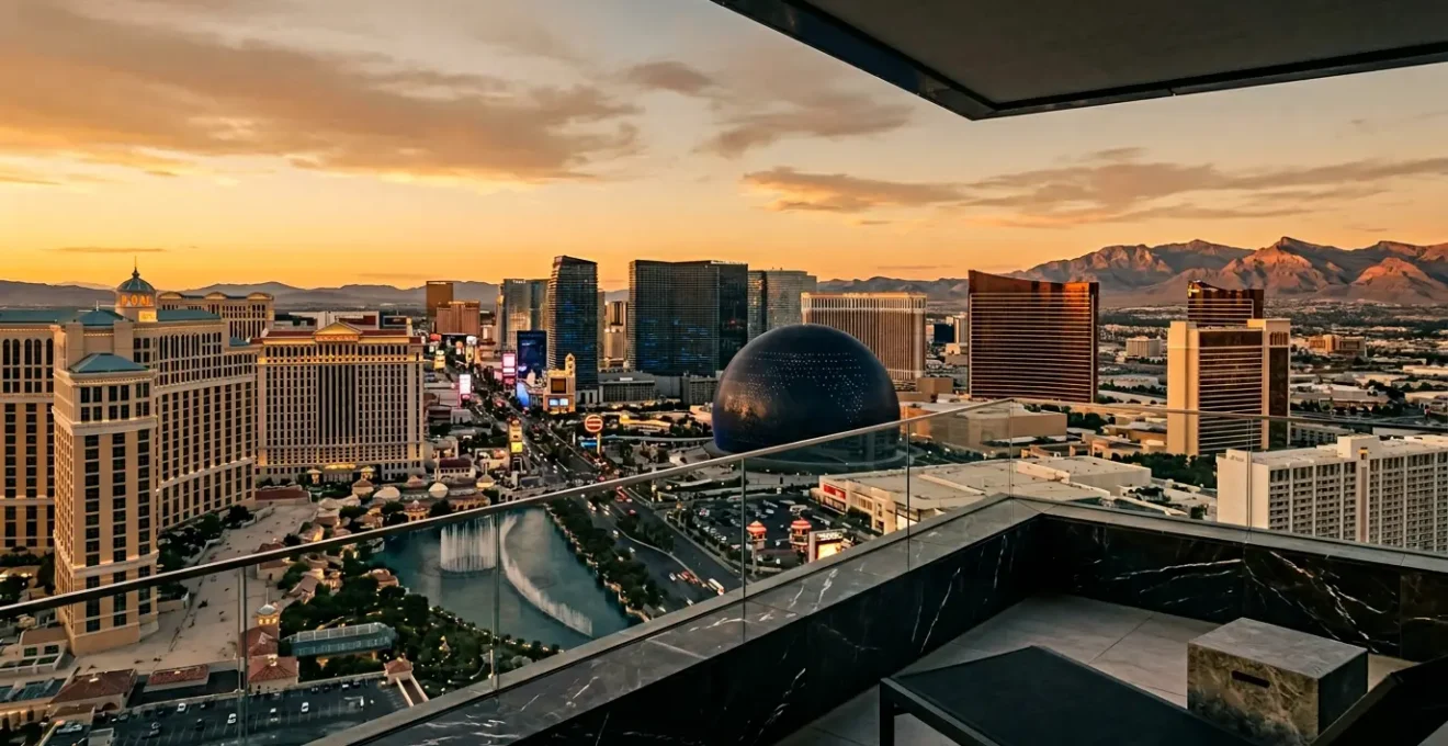 Luxury Las Vegas Strip skyline view at golden hour with upscale resort architecture