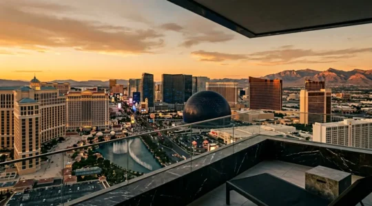Luxury Las Vegas Strip skyline view at golden hour with upscale resort architecture