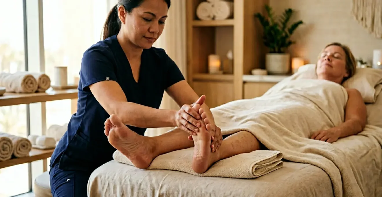 Professional spa massage therapy session focused on tired feet and wellness recovery in a serene Las Vegas resort setting