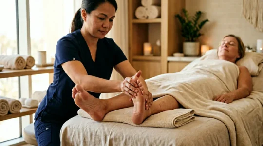 Professional spa massage therapy session focused on tired feet and wellness recovery in a serene Las Vegas resort setting
