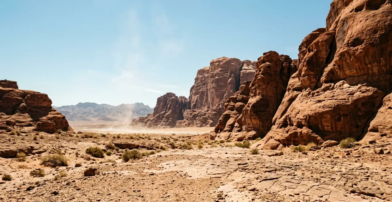 Desert landscape showcasing the harsh Mojave environment with intense heat radiating from red rock formations under scorching sun