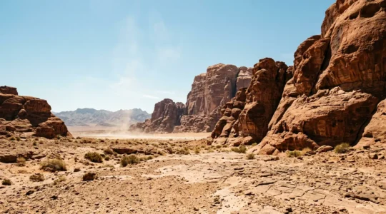 Desert landscape showcasing the harsh Mojave environment with intense heat radiating from red rock formations under scorching sun