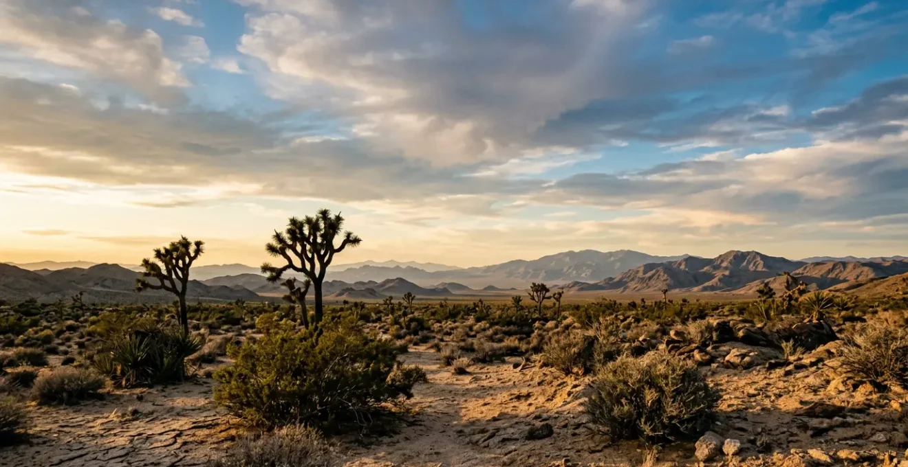 Wide desert landscape showcasing the untamed beauty of the Mojave with distant mountains under vast sky