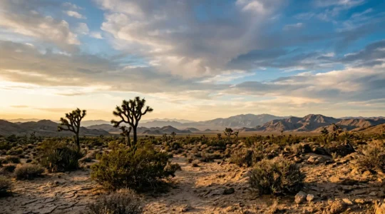Wide desert landscape showcasing the untamed beauty of the Mojave with distant mountains under vast sky