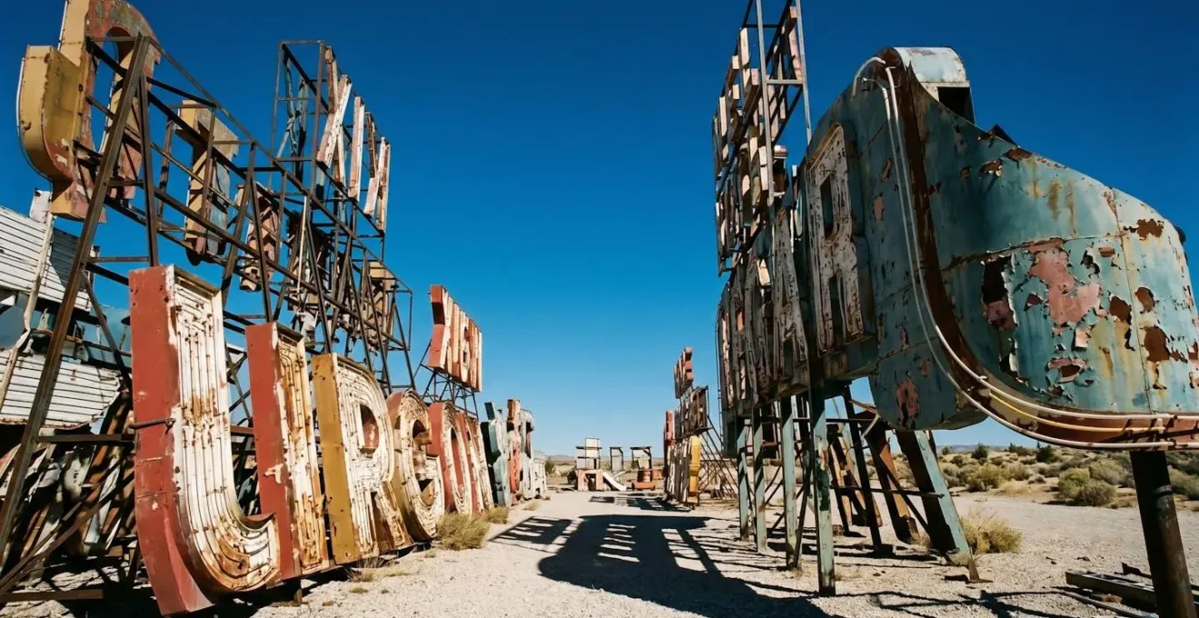 Vintage neon casino signs standing in outdoor desert museum under harsh midday sun with dramatic shadows