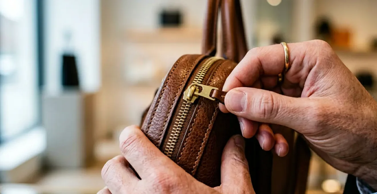 Shoppers examining designer handbag details with focused attention, natural lighting highlighting leather texture and craftsmanship