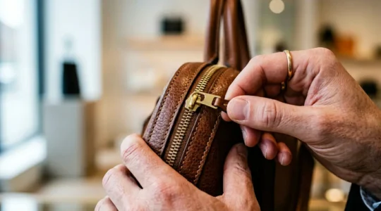 Shoppers examining designer handbag details with focused attention, natural lighting highlighting leather texture and craftsmanship