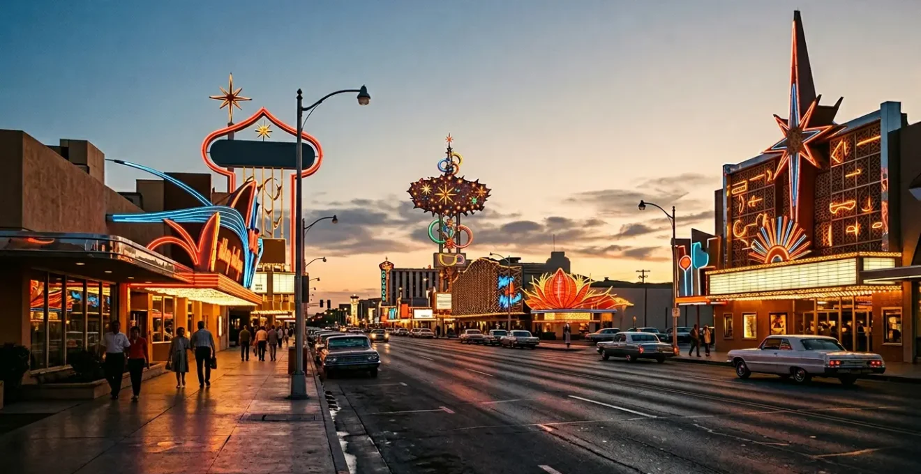 Vintage Las Vegas Strip at twilight with iconic neon signs glowing during the golden Rat Pack era of the 1960s
