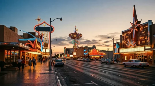 Vintage Las Vegas Strip at twilight with iconic neon signs glowing during the golden Rat Pack era of the 1960s