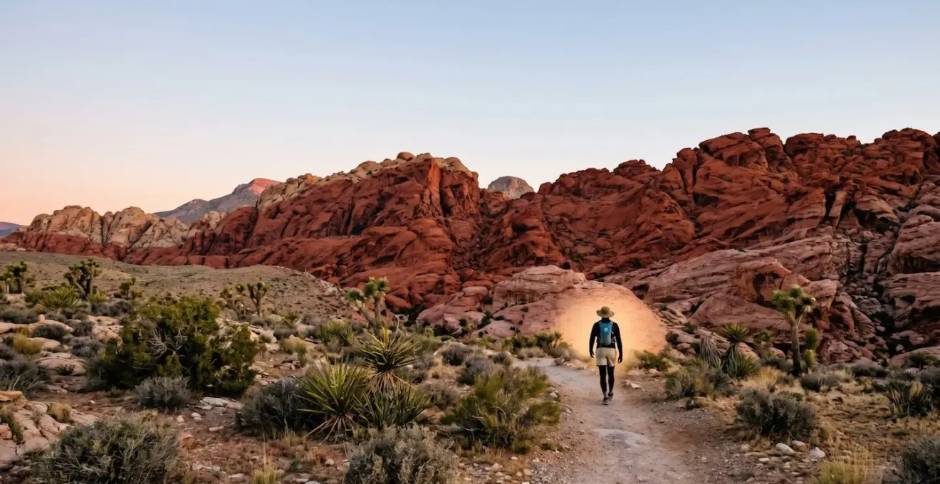 Desert hiker at sunrise navigating red sandstone formations with safety gear and water, illustrating responsible morning hiking in Red Rock Canyon