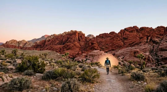 Desert hiker at sunrise navigating red sandstone formations with safety gear and water, illustrating responsible morning hiking in Red Rock Canyon