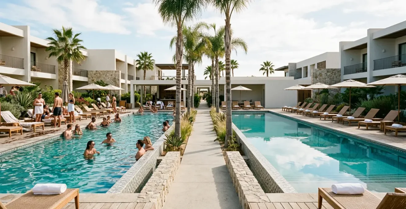 Contrasting hotel pool atmospheres showing party energy versus relaxation zones