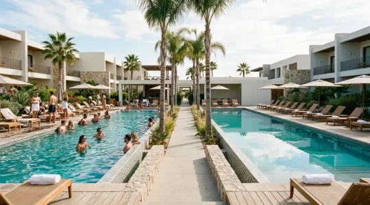 Contrasting hotel pool atmospheres showing party energy versus relaxation zones